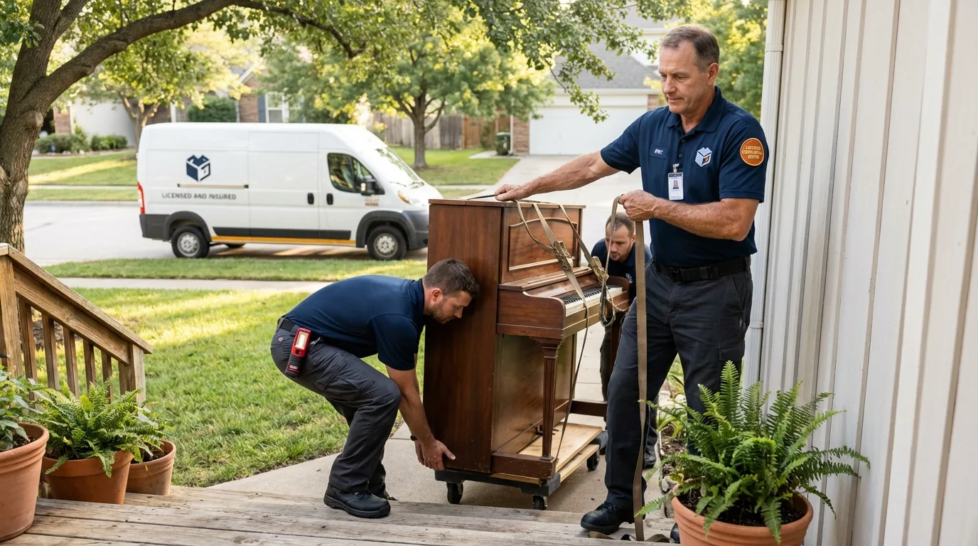 Licensed piano movers securing grand piano in Pleasantville, NY