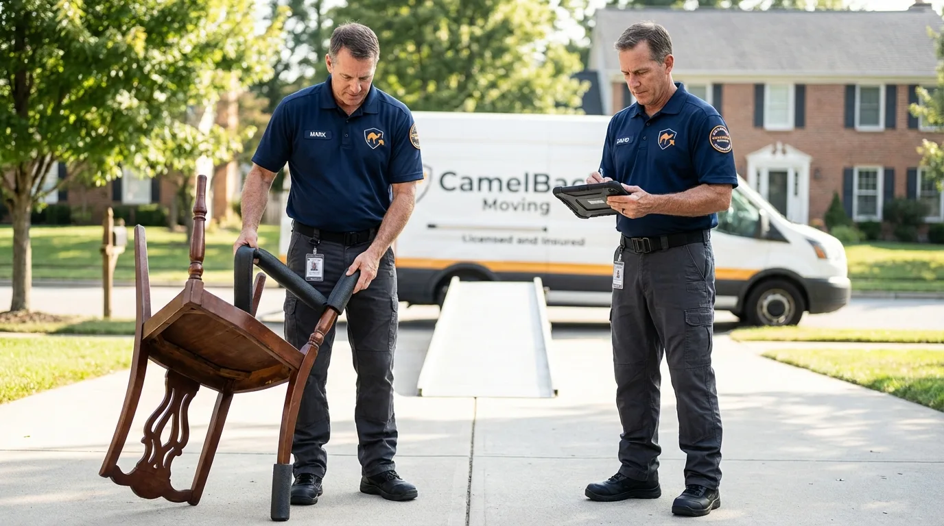 Movers inspecting furniture for damage prevention before loading in Pleasantville, NY