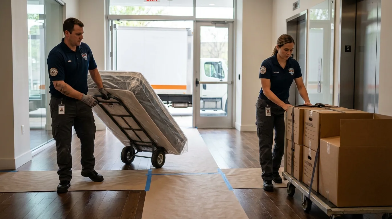 Professional apartment movers loading elevator in Pleasantville, NY