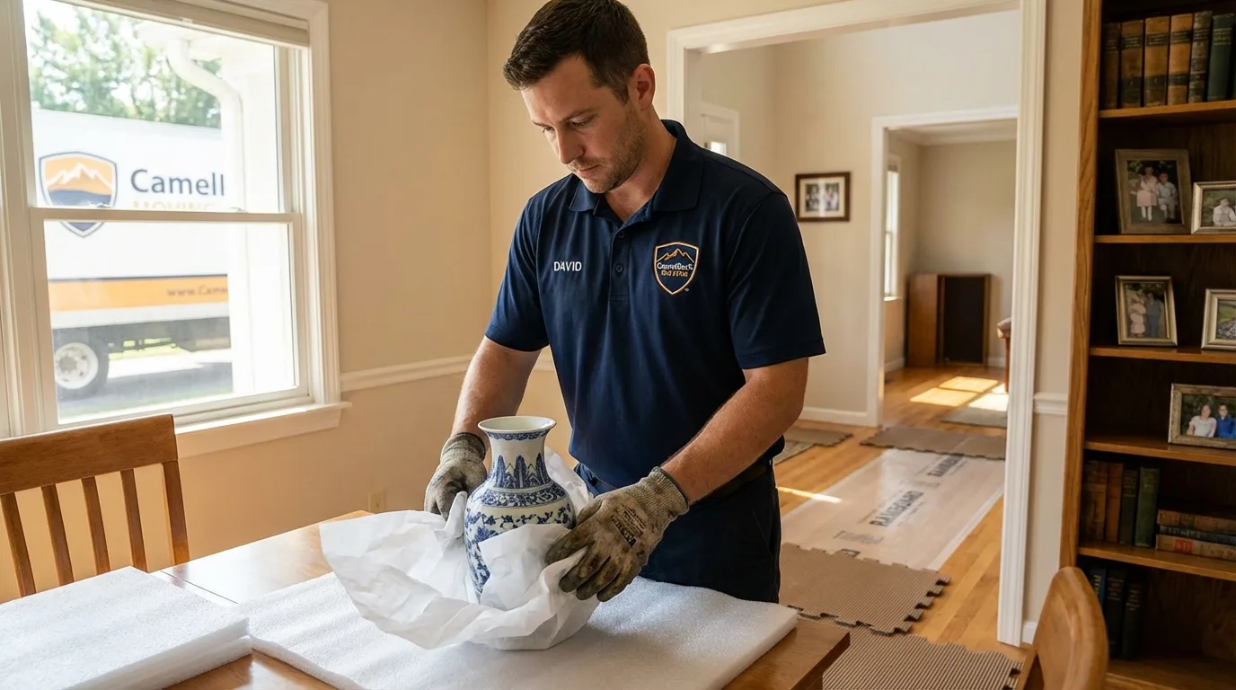 Professional crew carefully wrapping antique vase for senior downsizing move in Pleasantville, NY